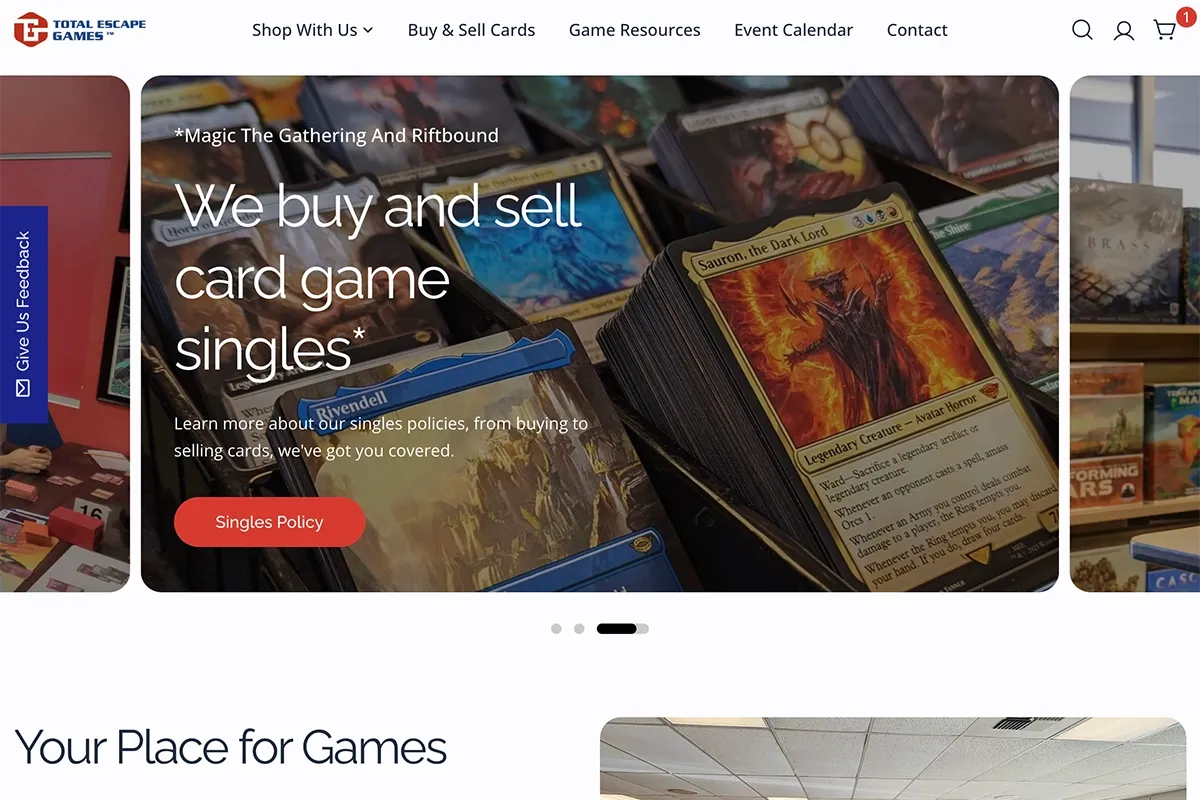 the new Total Escape Games website home page